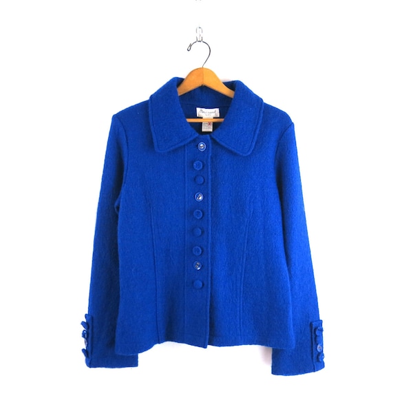 Vintage Cobalt Blue Cardigan Boiled Wool Blazer Jacket / Minimal Suit Coat Women's Size Small