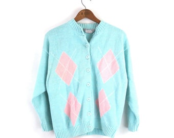 90s Argyle Cardigan Sweater Vintage Button Up Sweater Aqua Blue Cotton Cardigan Women's Size Medium