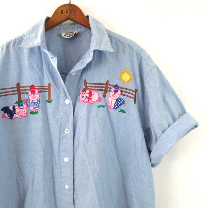 avec appliqués Farmer Pigs Chemise boutonnée surdimensionnée chemise vintage Crafty Cottagecore Taille Plus pour femmes 2X image 5