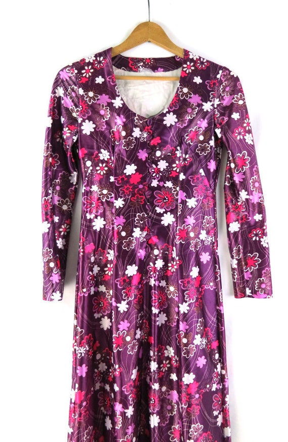 Long Maxi Floral Dress Retro 1970s Dress Purple F… - image 2