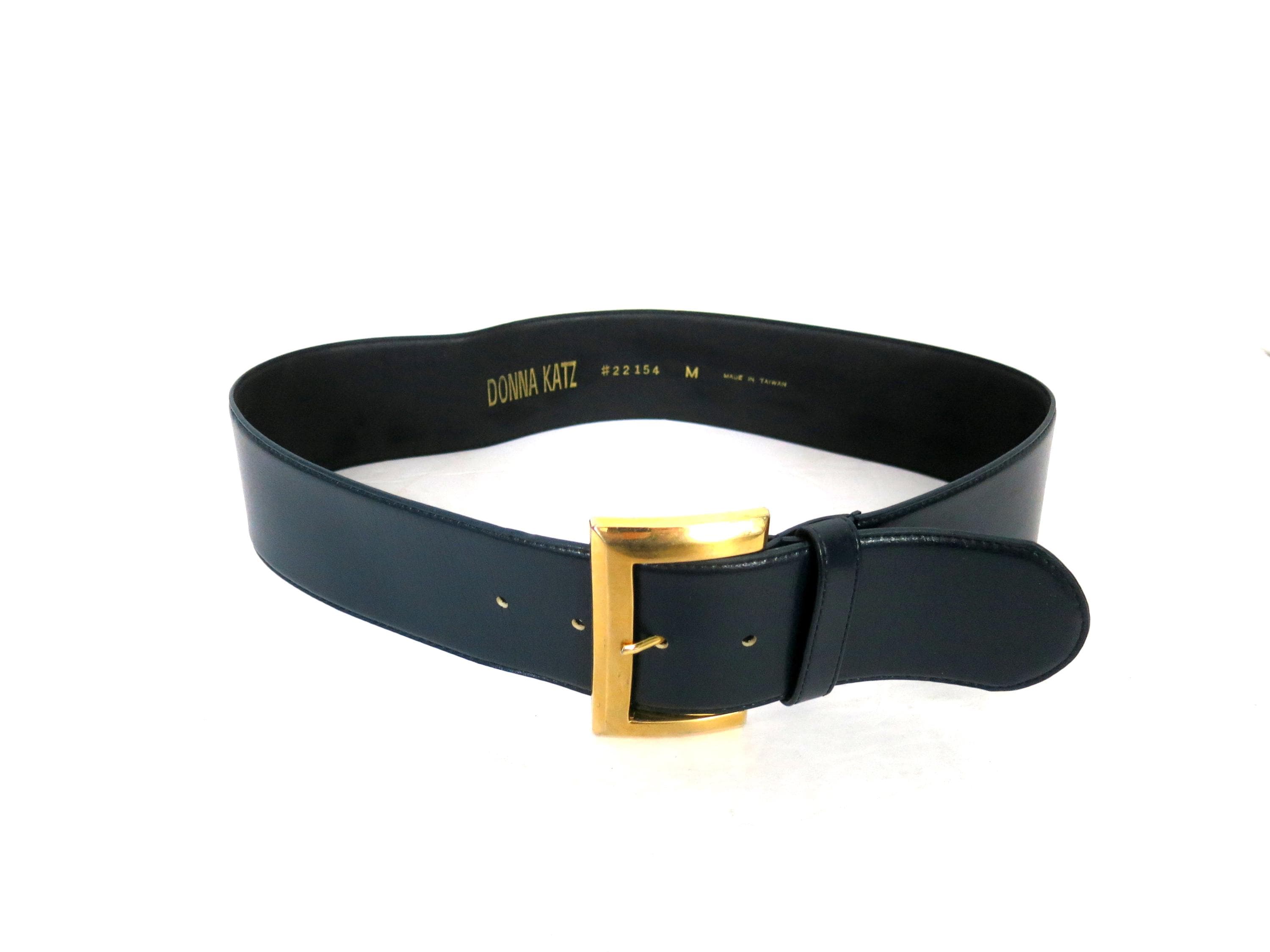 Vintage Donna Katz Belt: Wide Navy Faux Leather With Gold  display picture 2