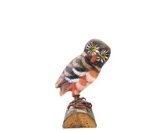 Vintage Wood Owl | Hand Carved Painted Wooden Bird | Bird on Log Carving | Small Carved Wooden Bird Statue Home Decor