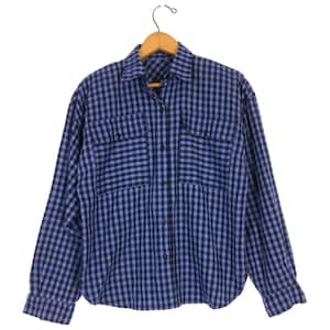 Schwarz & Lila karierte Bluse Langarm Oxford Button Up Shirt 80er Jahre Vintage Bluse mit großen Brusttaschen Frauen Größe Medium