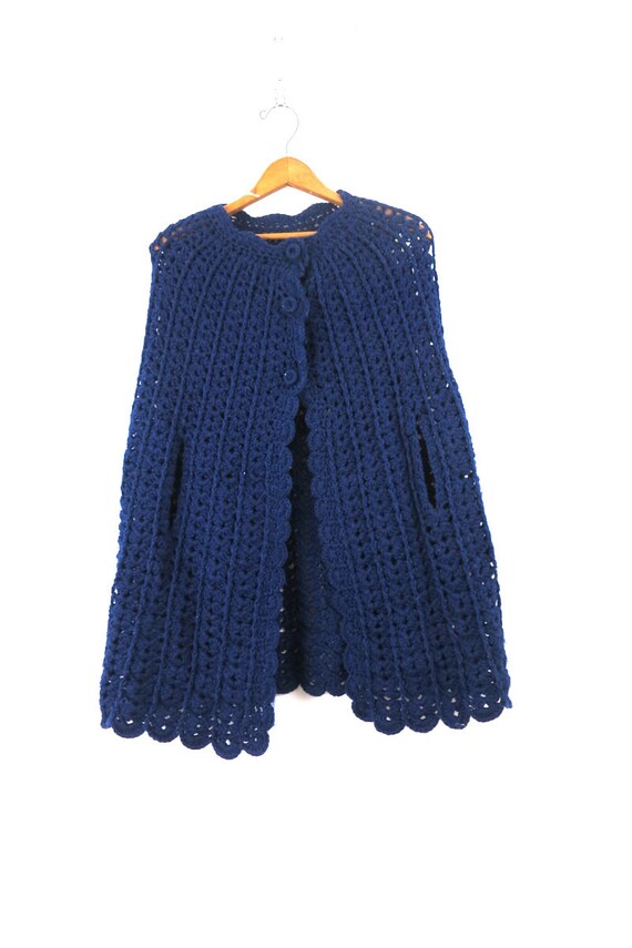 Boho Poncho Blue Crochet Afghan Knit Shawl Button… - image 2