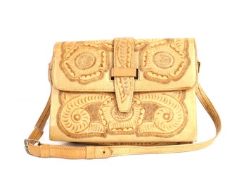 Vintage Mexican Tooled Leather Purse Tan Brown Floral Purse Hand Bag Boho Hippie ARTMEX Purse Made in Mexico / AS IS