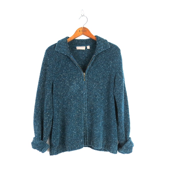 Teal Blue Zipper Cardigan Sweater 90s Vintage Preppy Cardi Women's Size Large