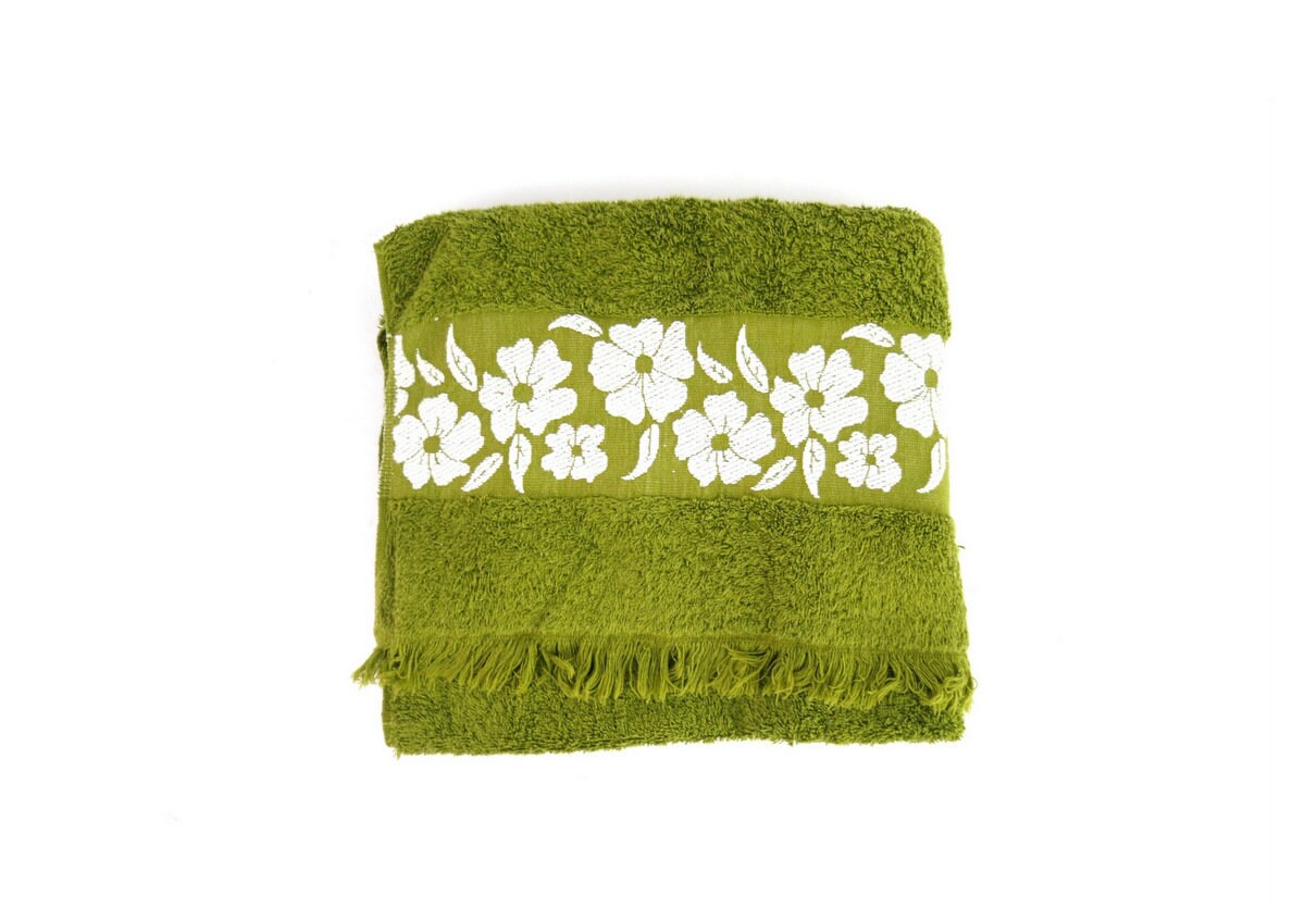 Vintage Fieldcrest 100% Cotton White Bath Towel W/pale Green 