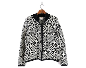90s/y2k Double Zipper Sweater, Women's Black and Cream Cardigan