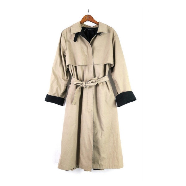 80s London Fog Trench Coat Modern Rain Jacket Button Up Belted Jacket Vintage Khaki & Black Jacket with Pockets / Women's 14 Petite