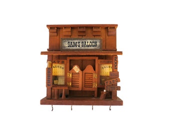 Vintage Framed Wood Shadow Box with 3D Sam's Saloon Diorama / Key Hanger