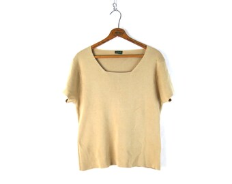 Khaki Knit Top | Vintage 00s Scoop Neck Thin Sweater Tee Shirt / Women's Large XL