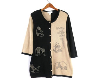 Panda Cardigan Sweater | Vintage 90s Button Up Cardigan | Black & Taupe Sweater Shirt | Women's Plus Size 1X