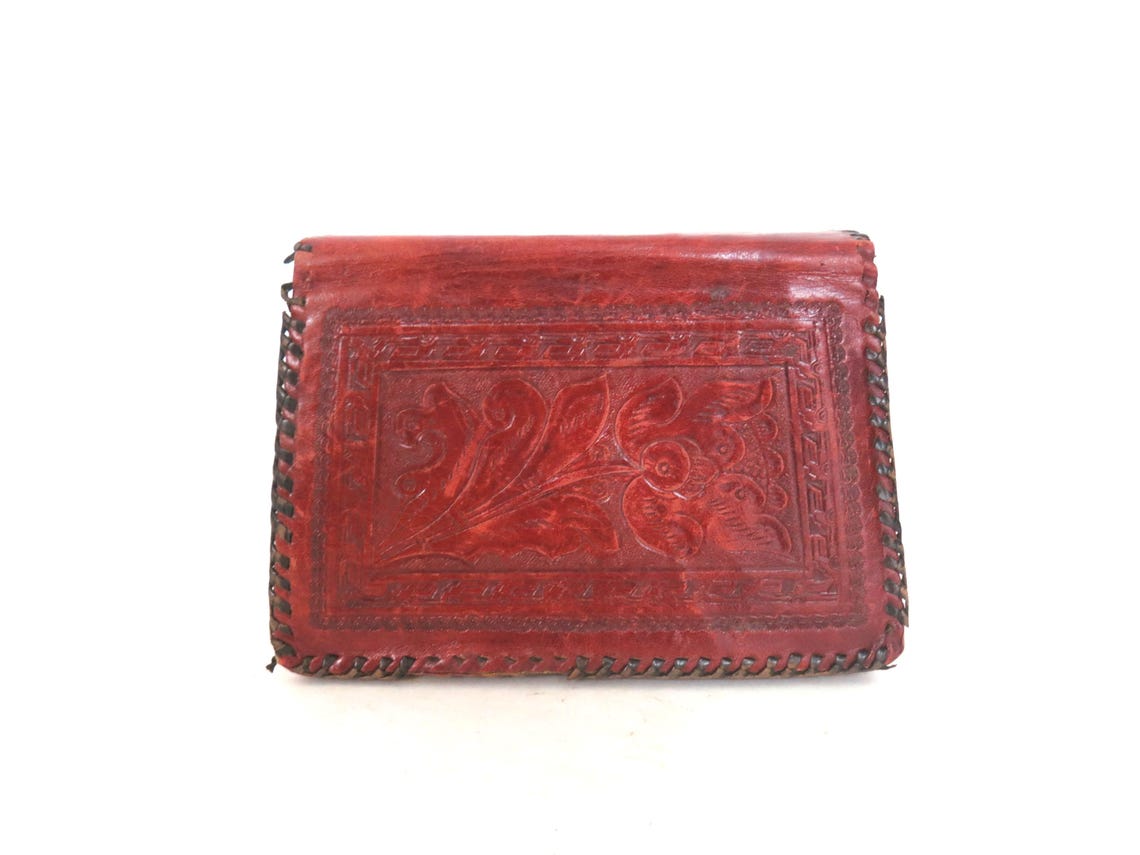 Vintage Tooled Leather Clutch: Tan Brown Floral Handbag (AS IS, foto 3 di 5