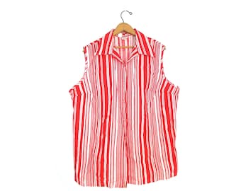 Vintage 70s Striped Tank Top: Red & White Sleeveless Blouse, Plus Size