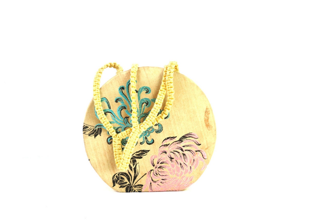 Floral Vintage Box Bag Circle Purse With Mirror Chinoiserie Floral Vintage Box Bag Circle Purse With Mirror Chinoiserie