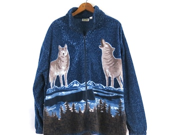 Vintage Fleece Jacket with Wolves / 1990s Wolf Coat / Zipper Jacket with Wolves / Size XL