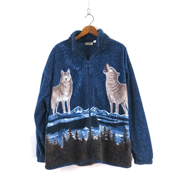 Vintage Fleece Jacket with Wolves / 1990s Wolf Coa