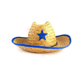 Chapeau de shérif de cow-boy vintage pour enfants Chapeau de cow-girl de costume occidental en paille de palmier avec étoile bleue