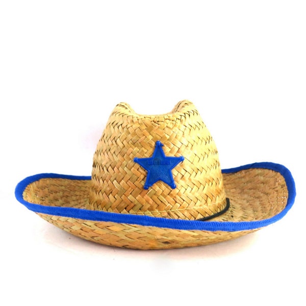 Vintage Children's Cowboy Sheriff Hat Palm Straw Western Costume Cowgirl Hat with Blue Star