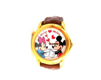 Vintage Mickey Mouse & Minnie Mouse Armbanduhr Lederband Lorus Uhr / Funktioniert - Neue Batterie