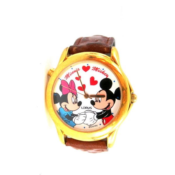 Vintage Mickey Mouse & Minnie Mouse Wrist Watch Leather Band Lorus Watch / Works - New Battery