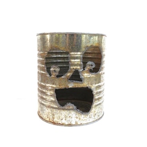 Vintage Cut Out Pumpkin Face out of Rusty Metal Coffee Can / Jack O Lantern Face Candle Holder / Halloween Decor