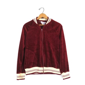 Dunkelrote Sweatshirt Jacke 1970s Cal Sport Zipper Coat Sportliche Velour Jacke / Size Large