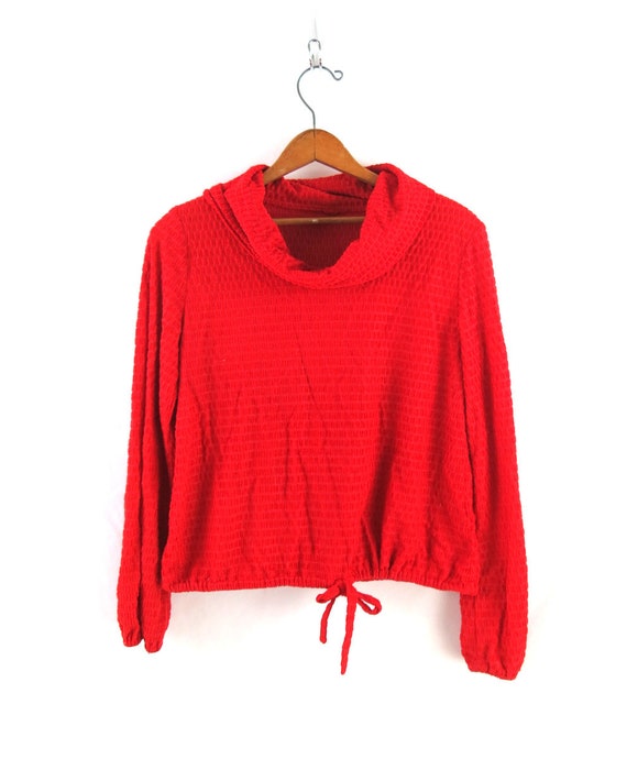 Red Cowl Neck Pullover Shirt 1970s Long Sleeve Dr… - image 2