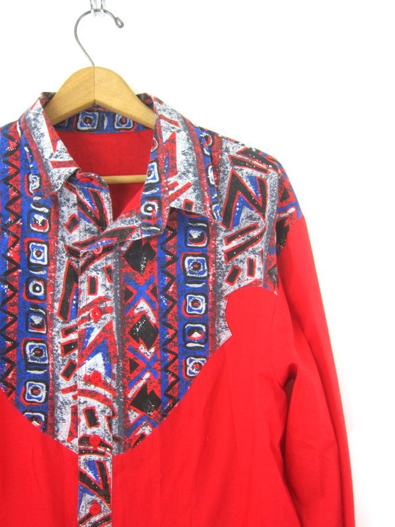 Red Western Shirt Southwestern Tribal Pattern Shirt Urban Hipster Button Up Cotton Top Men/'s Size Medium Large