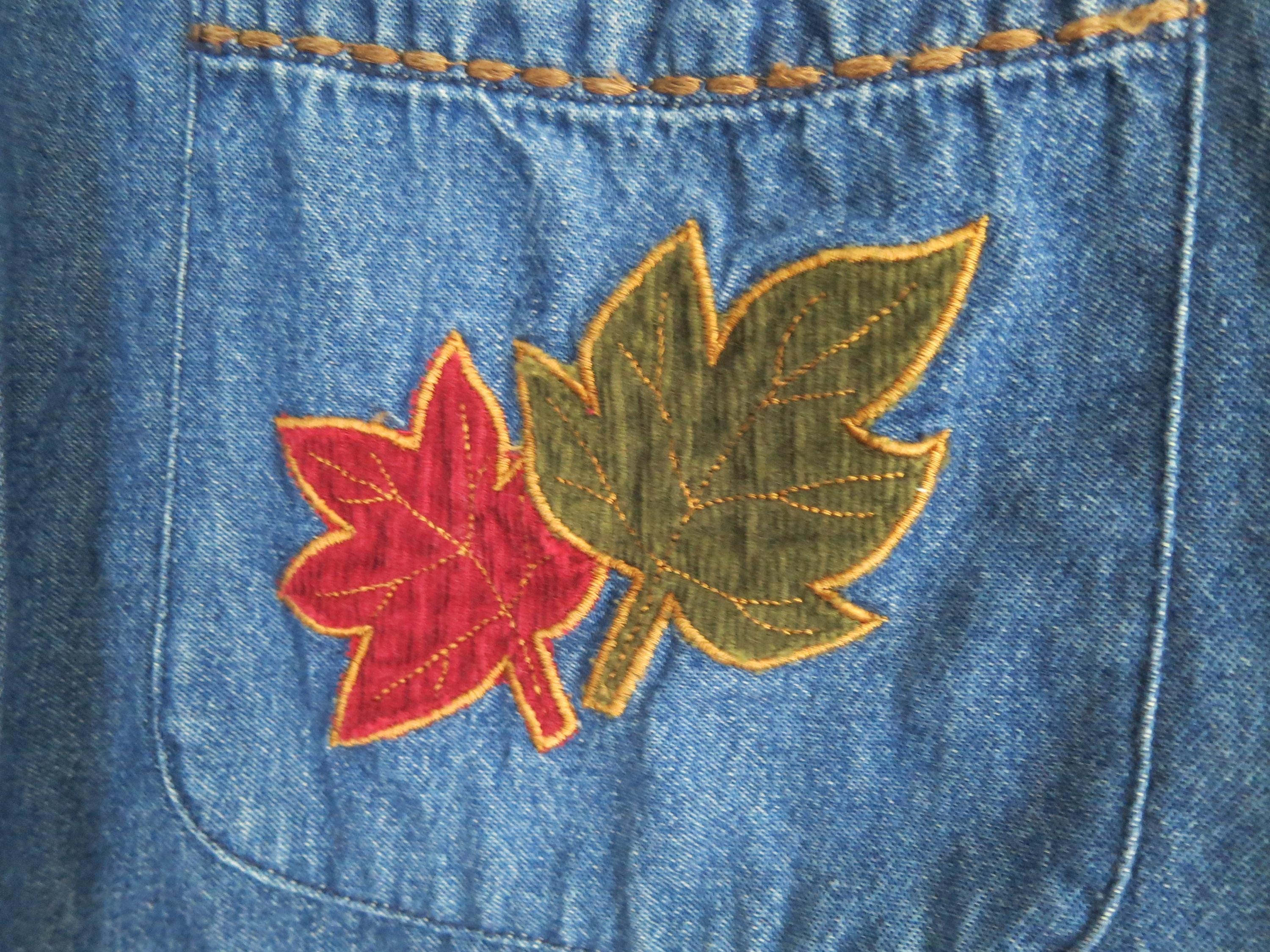 Vintage 90s Embroidered Denim Jacket: Leaf Appliqué, Size Medium 