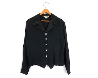 90s Rayon Blouse, Shiny Black Collar - Women's Size 14