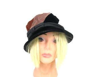 Vintage Brown Black Velvet Hat | Mid Century Multi Colored Fashion Hat / maq