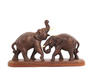 Fighting Elephants - Vintage Wood Statue - Carved Wooden Elephants