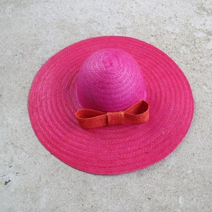 Vintage 1980s Pink Sun Hat Wide Brim Women&#39;s Fashion Summer Hat with Orange Bow