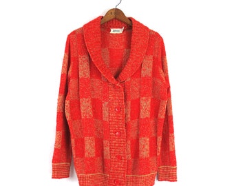 Vintage 1970s Orange Marbled Knit Cardigan Sweater / Large