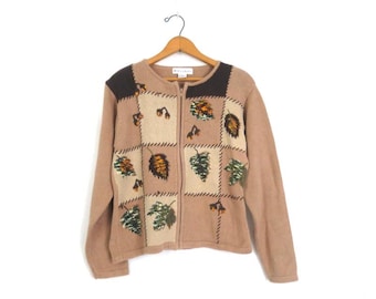 Vintage Embroidered Leaf Cardigan Sweater - 90s Knit, Size Large