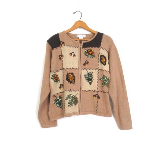 Vintage Embroidered Leaf Cardigan Sweater - 90s Knit, Size Large 