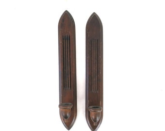 Paire de bougeoirs muraux vintage en bois, 2 bougeoirs Mid-Century