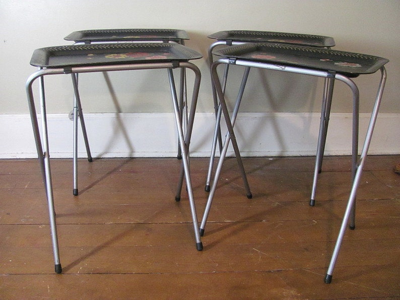Vintage Black Floral Metal TV Trays with Stands // set of 4 Etsy