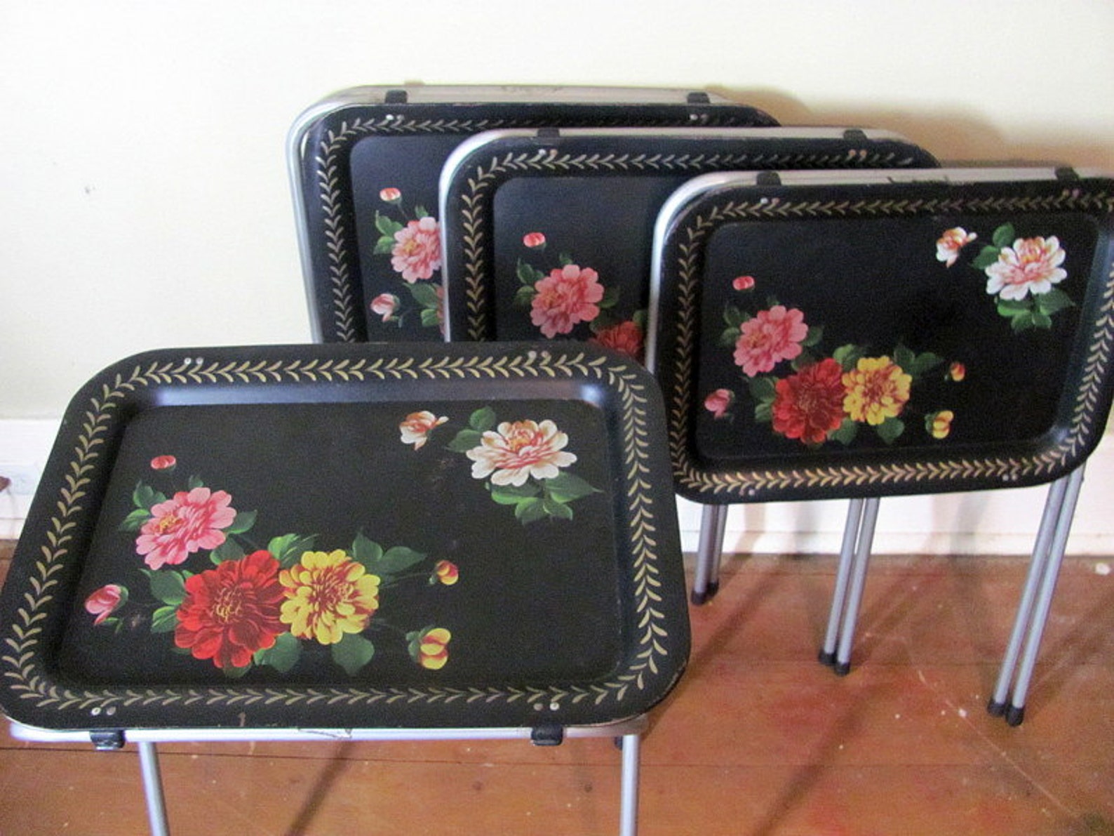 Vintage Black Floral Metal TV Trays with Stands // set of 4 Etsy