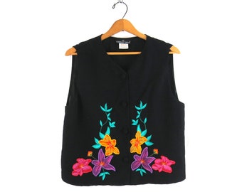 Floral Applique Vest Black Sleeveless Tank Top Shirt Button Up Boho Vest Women's Size 8