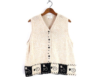 Embroidered Cat Sweater Vest | Vintage Button Down Sleeveless Cardigan Layering Top | Size Large