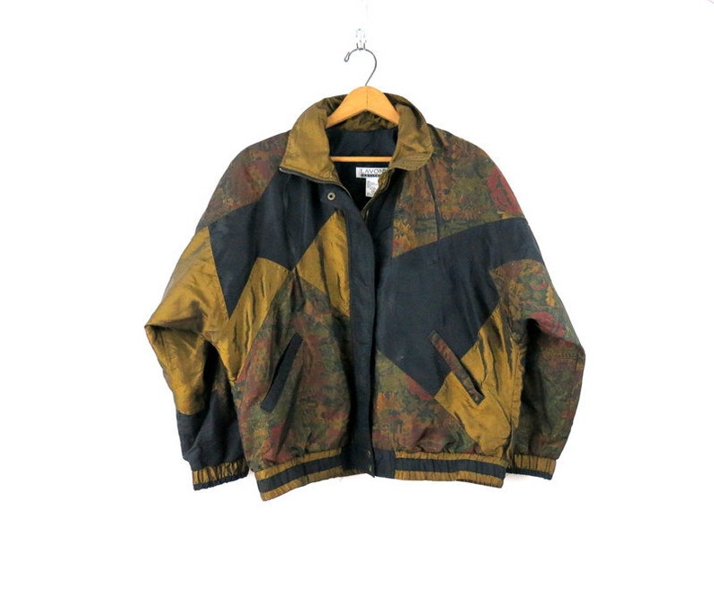 Windbreaker jacket Shiny Black /& Gold Bomber jacket 1990s Lightweight Spring Coat Women/'s Size medium