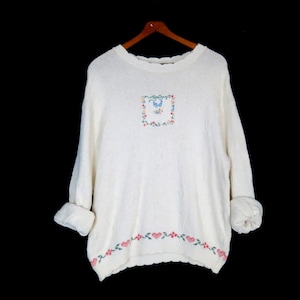 white Northern Reflections Bird Sweater / Vintage Cottagecore Heart Sweater / size XL