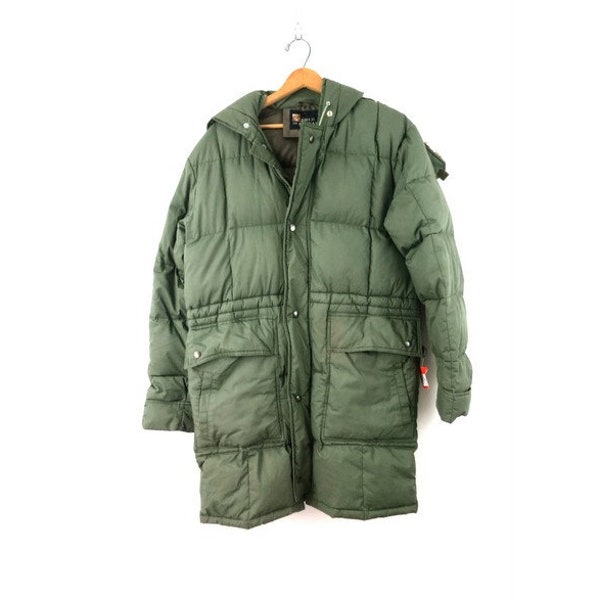 Vintage Cocoon Coat Long Army Green puffer Coat Down Feathers Coat Puffy winter Coat with Hood Size Small