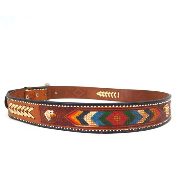 Brown Tooled Leather Eagle Belt | Southwestern Cowboy Belt Vintage Cowgirl Western Belt / Size 38 / Made in Mexico