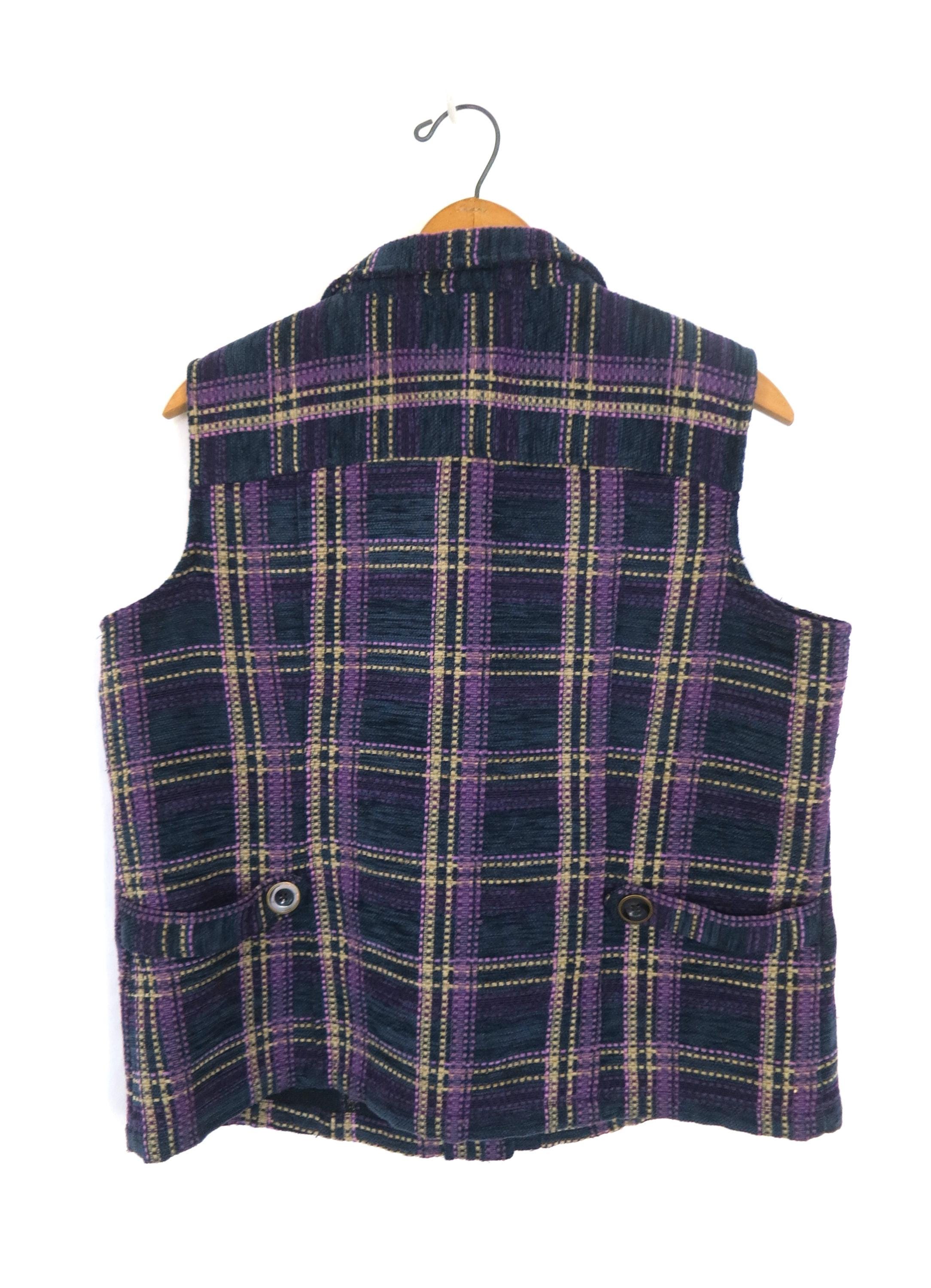 Vintage 90s Purple Blue Plaid Knit Vest: Women
