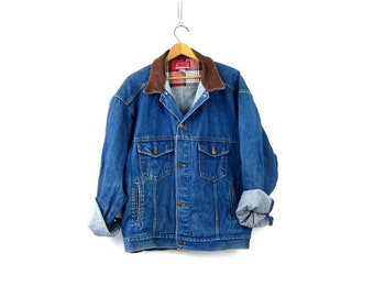 Marlboro Jean Jacket | Vintage Denim Trucker Coat || Dark Wash Leather Collar Rugged Coat | Size XL