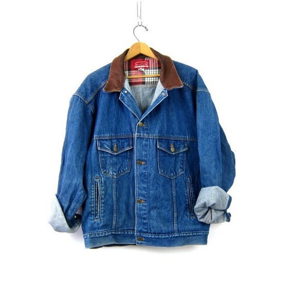 Marlboro Jean Jacket | Vintage Denim Trucker Coat || Dark Wash Leather Collar Rugged Coat | Size XL