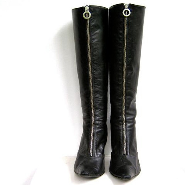 Vintage Italian black leather tall boots with front zippers 9.5